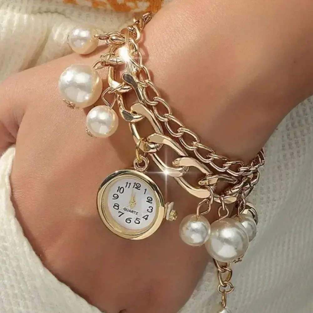 Gold Charm Bracelet Watch Faux Pearl Layered Chain Vintage Inspired Old Money
